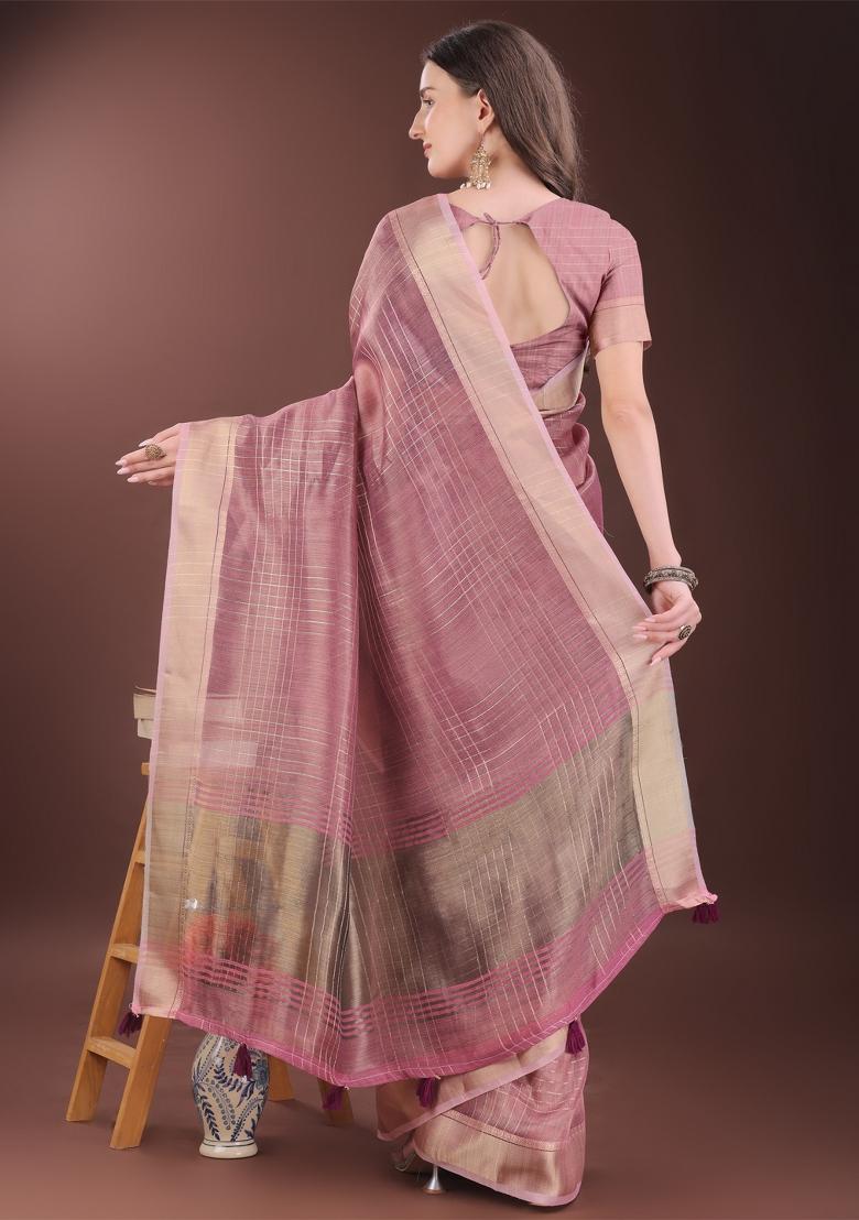 Pink Zari Work Organza Saree Set