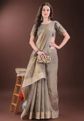 Beige Zari Work Organza Saree Set