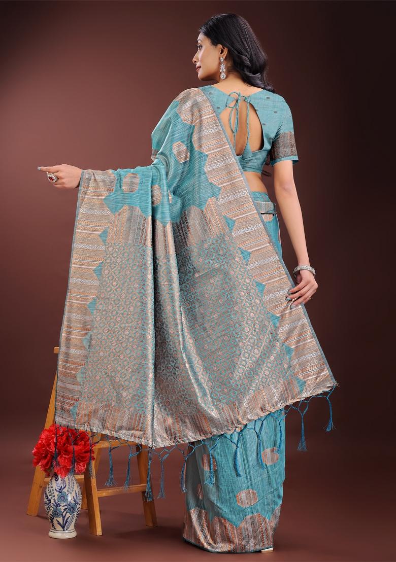 Sky Blue Zari Work Cotton Blend Saree Set