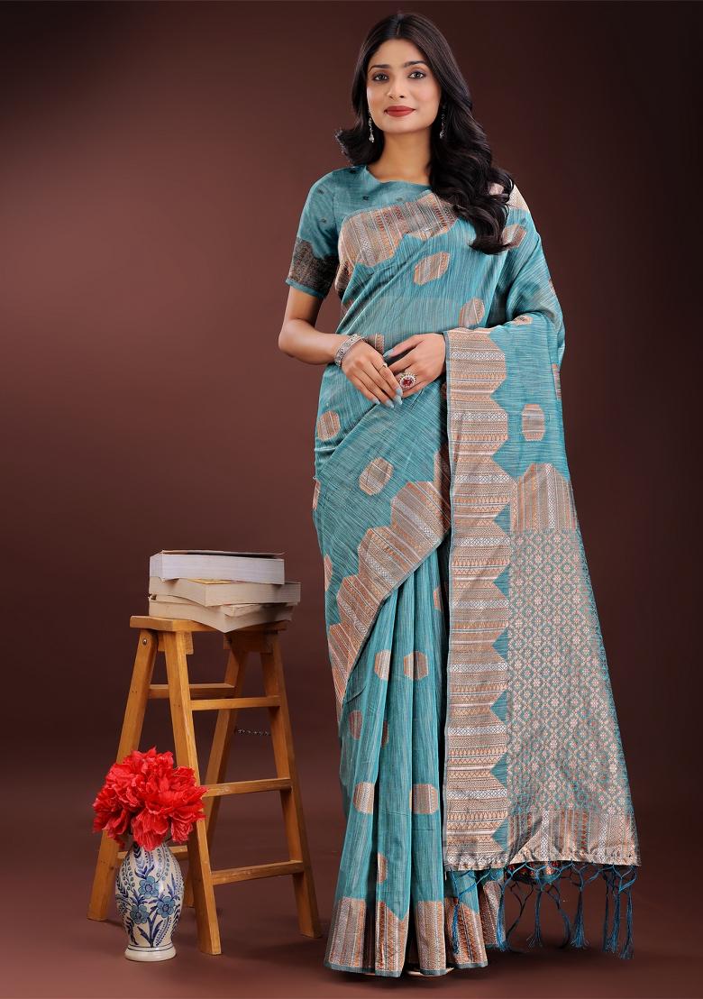 Sky Blue Zari Work Cotton Blend Saree Set