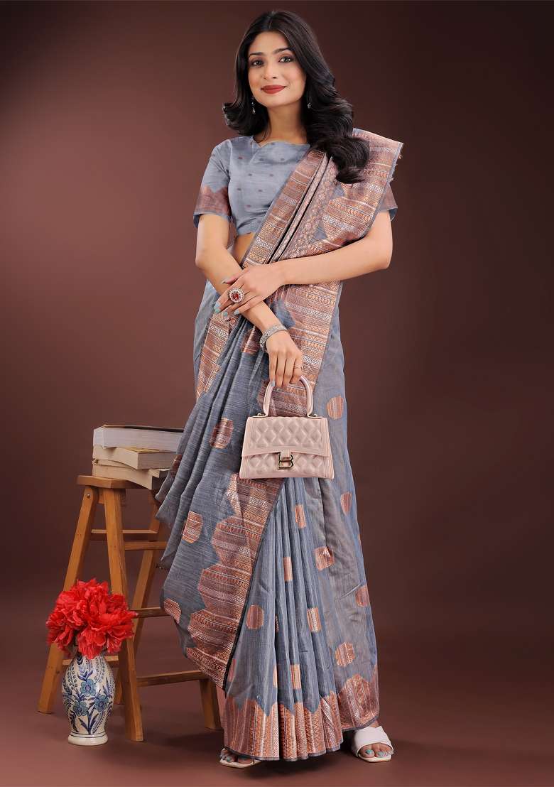 Grey Zari Work Cotton Blend Saree Set - Indya