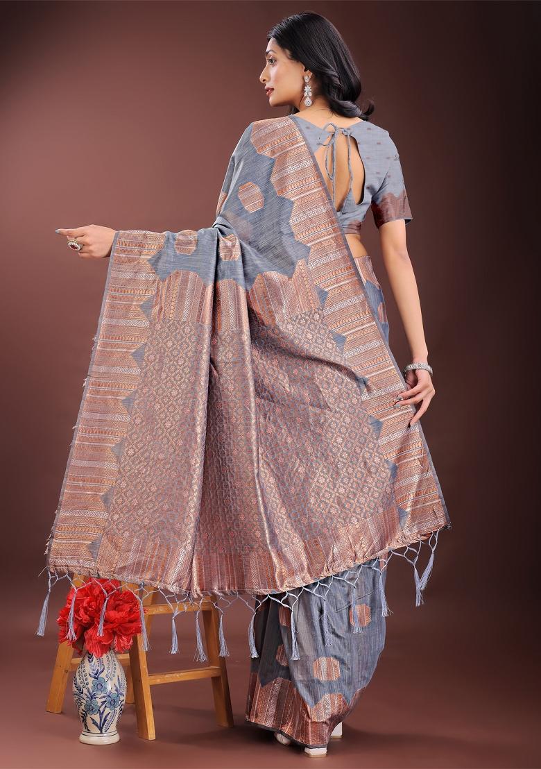 Grey Zari Work Cotton Blend Saree Set