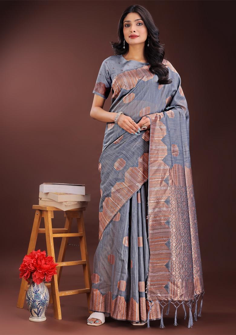 Grey Zari Work Cotton Blend Saree Set