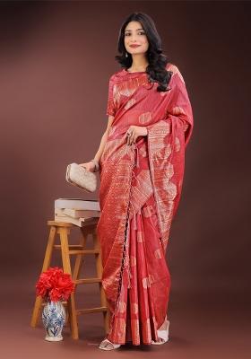 Red Zari Work Cotton Blend Saree Set