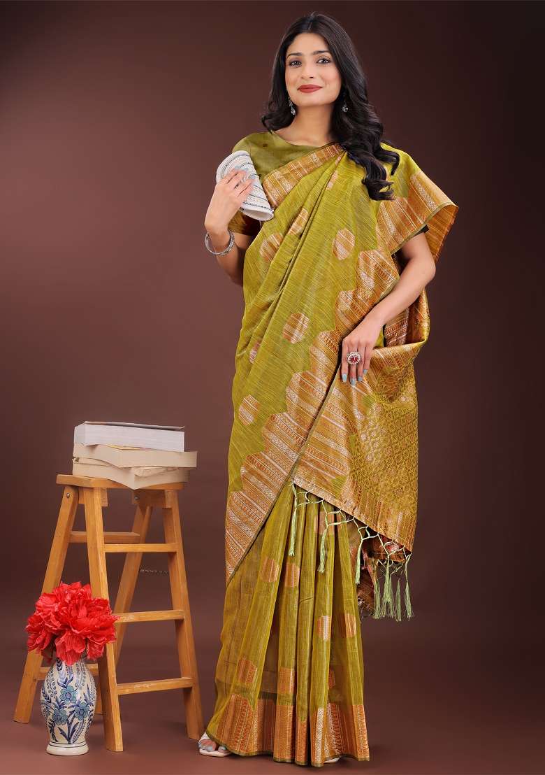 Mustard Yellow Zari Work Cotton Blend Saree Set - Indya