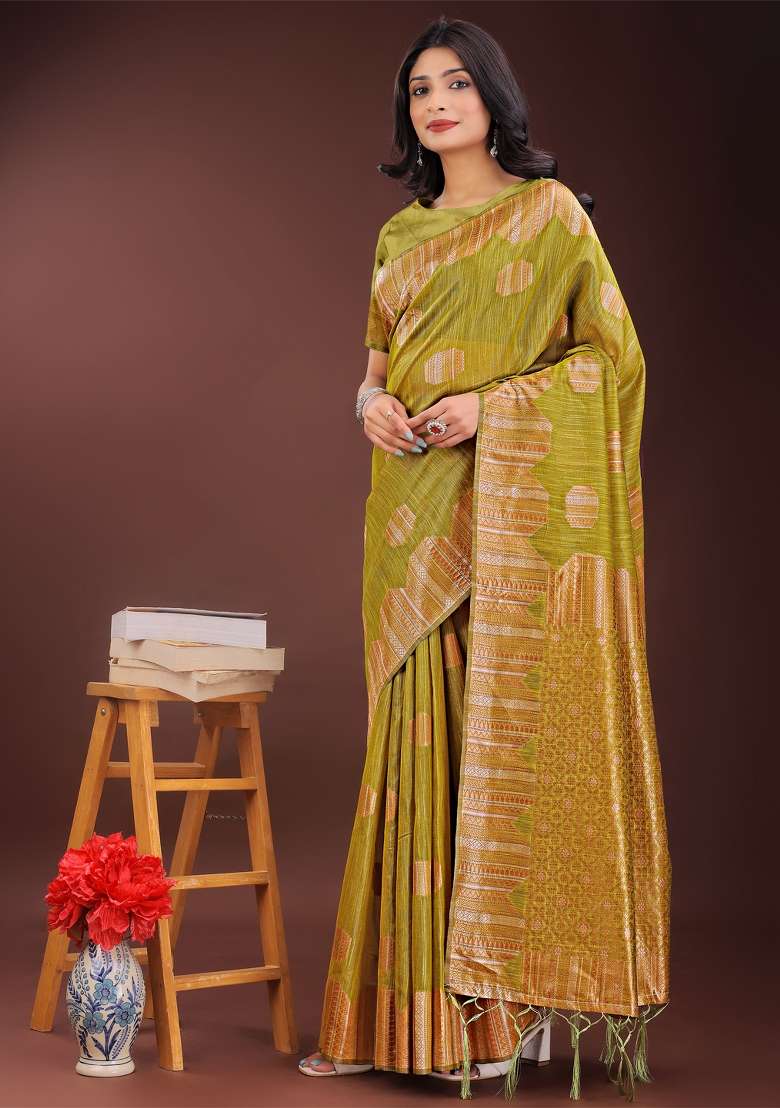 Mustard Yellow Zari Work Cotton Blend Saree Set - Indya