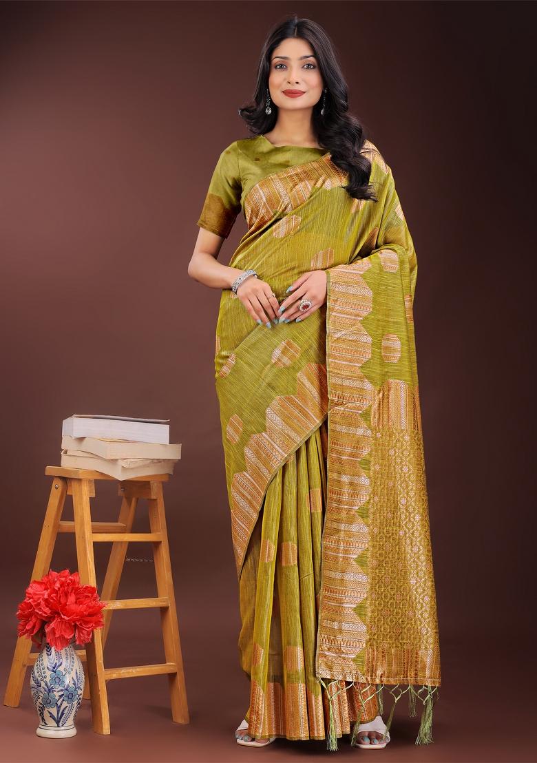 Mustard Yellow Zari Work Cotton Blend Saree Set