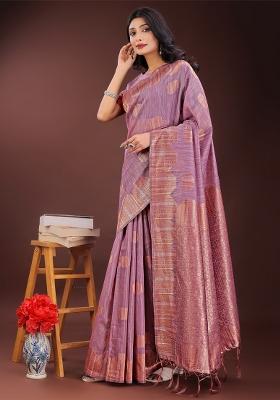 Purple Zari Work Cotton Blend Saree Set