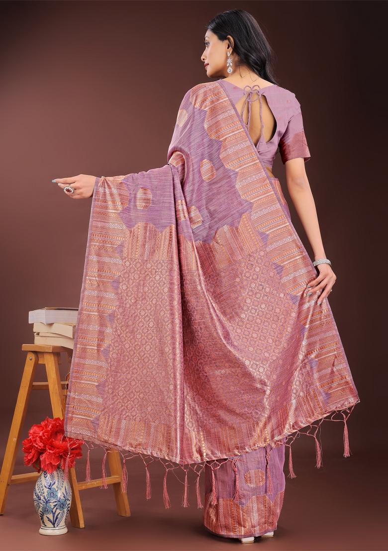 Purple Zari Work Cotton Blend Saree Set