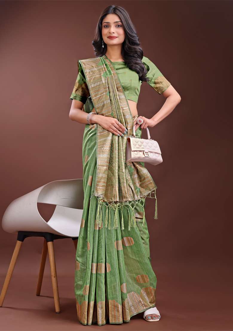 Light Green Zari Work Cotton Blend Saree Set - Indya