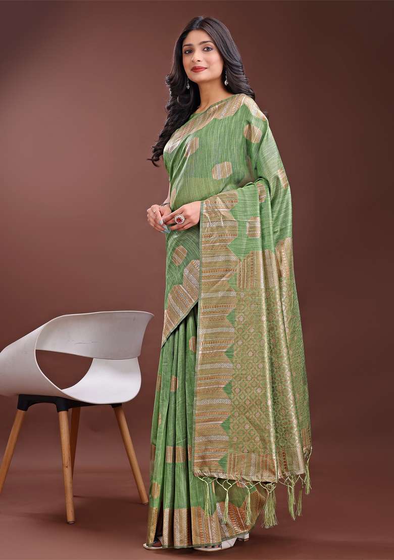 Light Green Zari Work Cotton Blend Saree Set - Indya