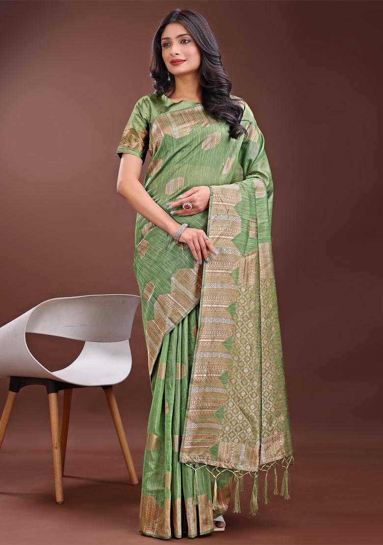 Light Green Zari Work Cotton Blend Saree Set