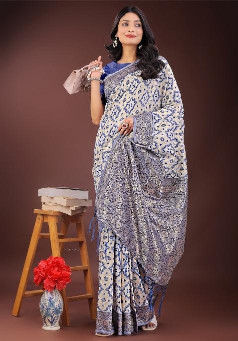 Blue Zari Work Cotton Blend Saree Set
