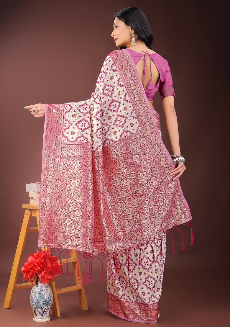 Pink Zari Work Cotton Blend Saree Set