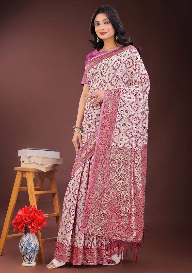 Pink Zari Work Cotton Blend Saree Set