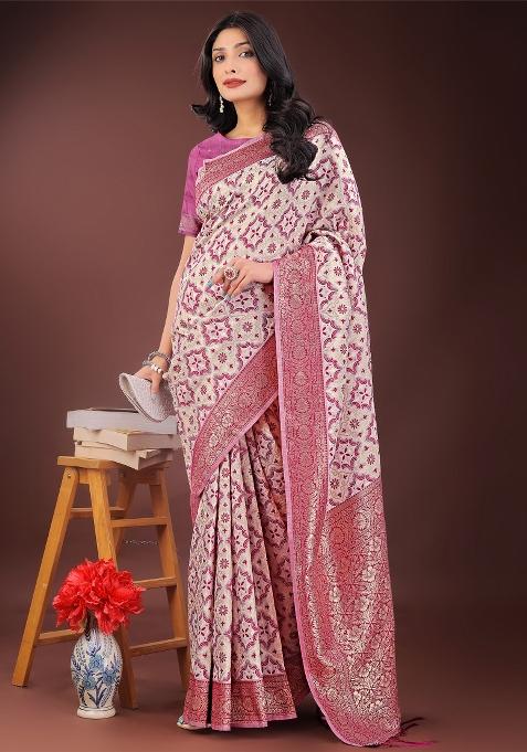 Pink Zari Work Cotton Blend Saree Set