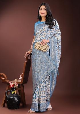 Sky Blue Zari Work Cotton Blend Saree Set