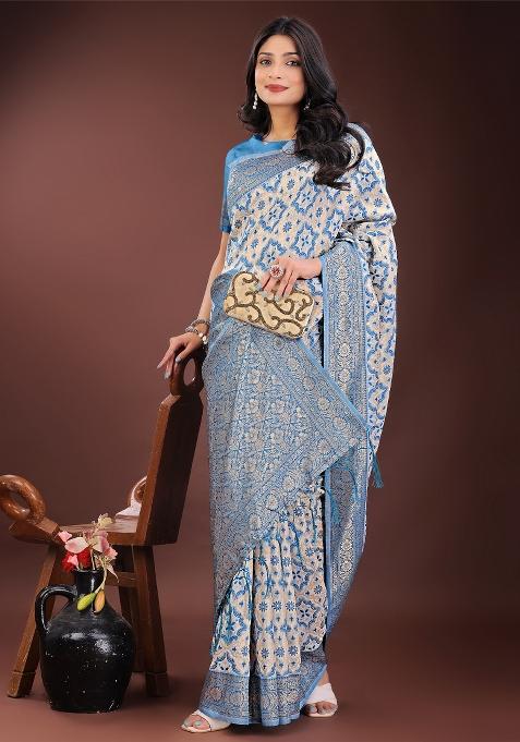 Sky Blue Zari Work Cotton Blend Saree Set