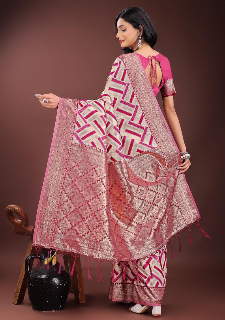 Magenta Zari Work Cotton Blend Saree Set