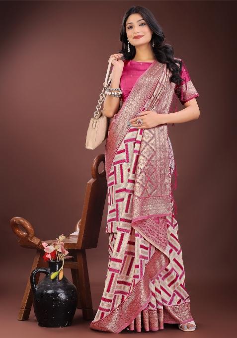 Magenta Zari Work Cotton Blend Saree Set