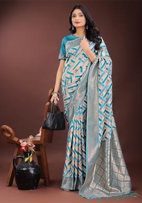 Sea Green Zari Work Cotton Blend Saree Set