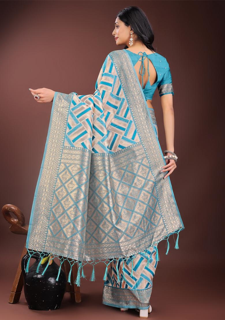 Sea Green Zari Work Cotton Blend Saree Set