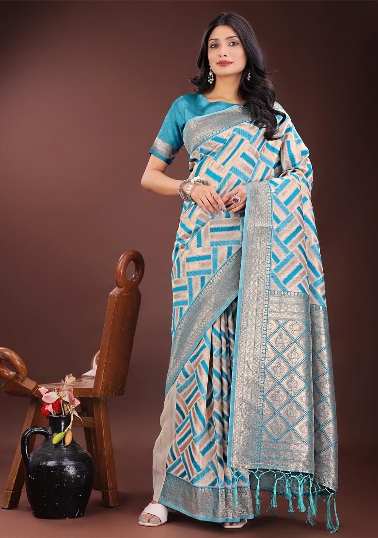 Sea Green Zari Work Cotton Blend Saree Set