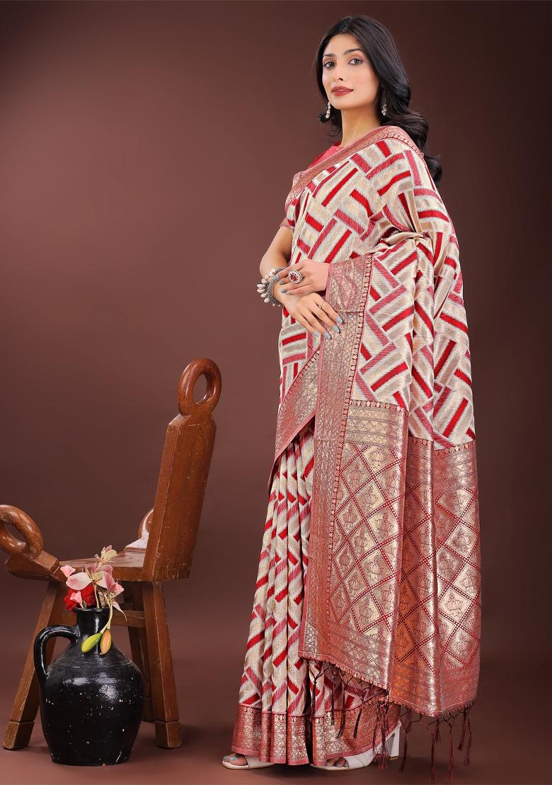 Red Zari Work Cotton Blend Saree Set