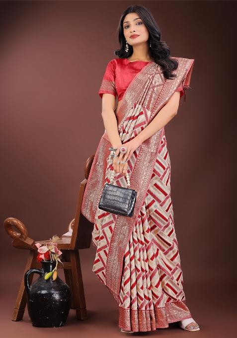 Red Zari Work Cotton Blend Saree Set