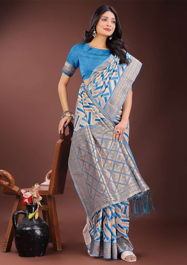 Sky Blue Zari Work Cotton Blend Saree Set - Indya