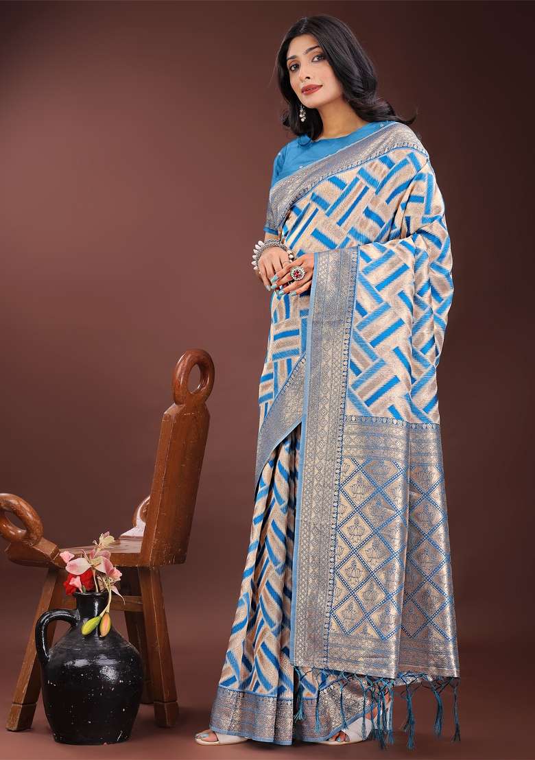 Sky Blue Zari Work Cotton Blend Saree Set - Indya