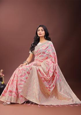 Light Pink Zari Work Cotton Blend Saree Set