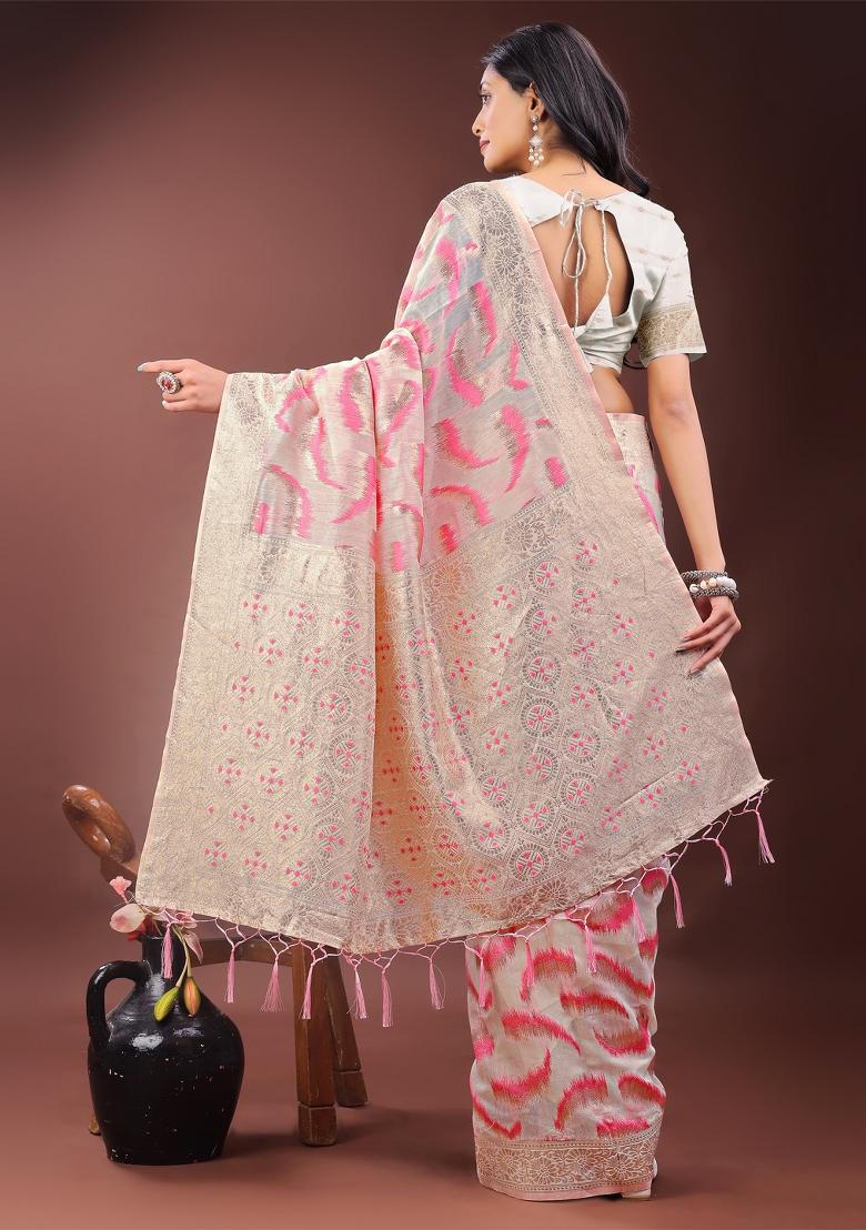 Light Pink Zari Work Cotton Blend Saree Set