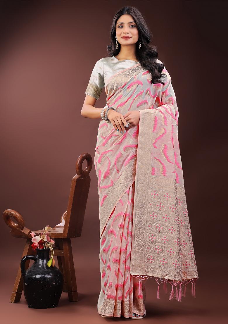 Light Pink Zari Work Cotton Blend Saree Set