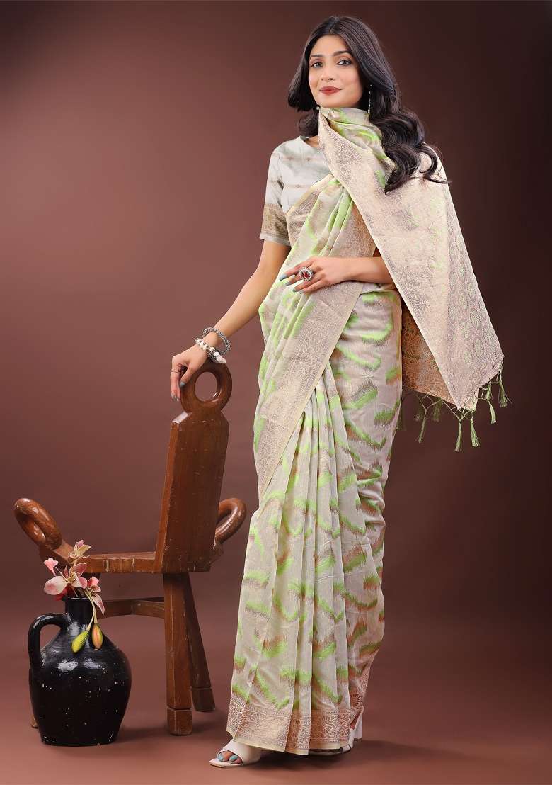 Light Green Zari Work Cotton Blend Saree Set - Indya