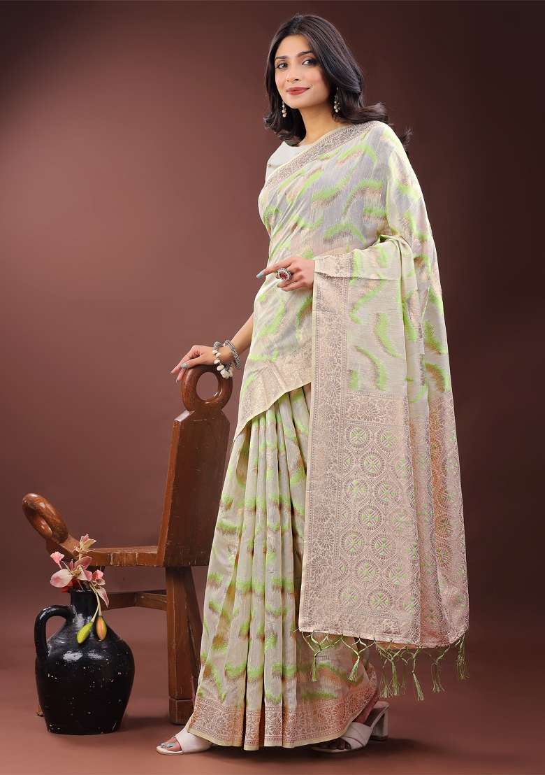 Light Green Zari Work Cotton Blend Saree Set - Indya