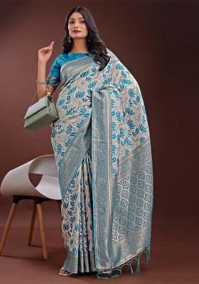 Sea Green Zari Work Cotton Blend Saree Set