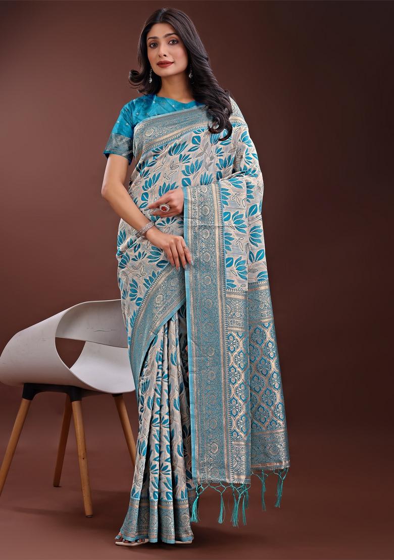 Sea Green Zari Work Cotton Blend Saree Set