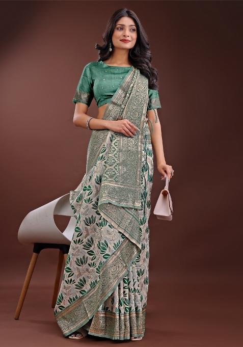 Green Zari Work Cotton Blend Saree Set