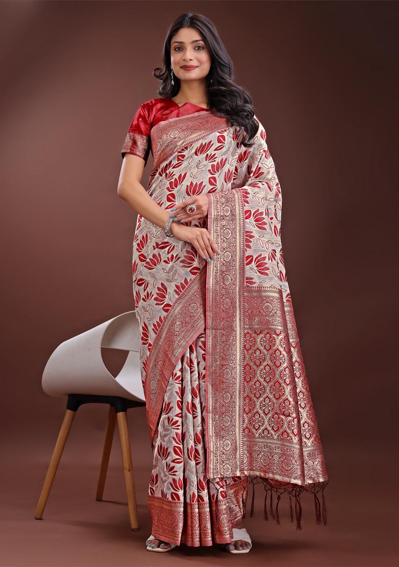Maroon Zari Work Cotton Blend Saree Set