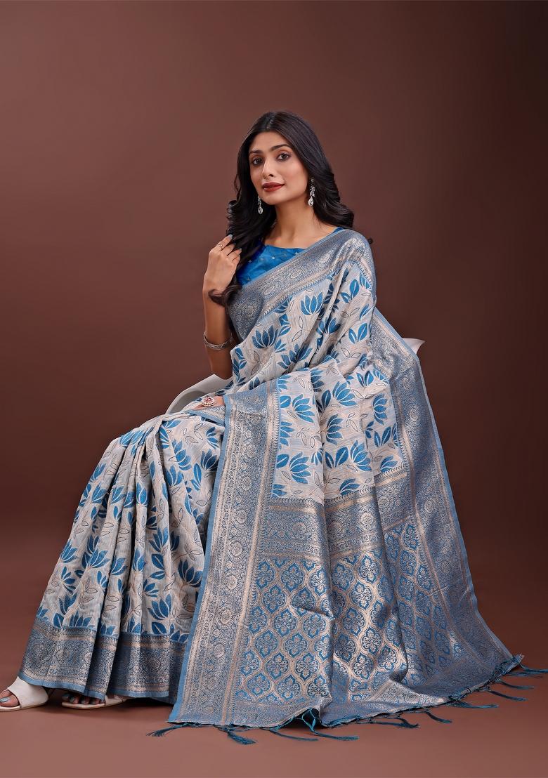 Sky Blue Zari Work Cotton Blend Saree Set