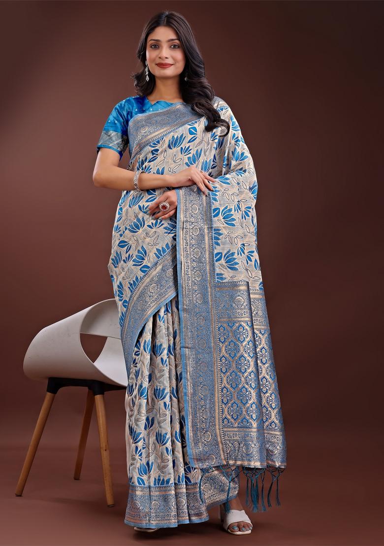 Sky Blue Zari Work Cotton Blend Saree Set