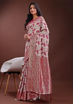 Purple Zari Work Cotton Blend Saree Set