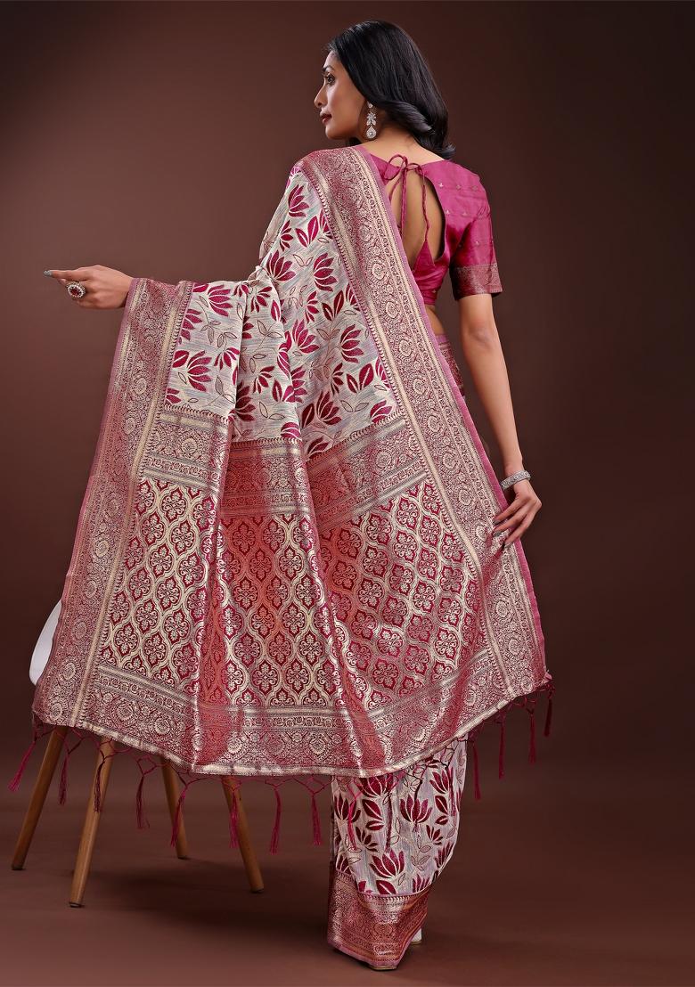 Purple Zari Work Cotton Blend Saree Set