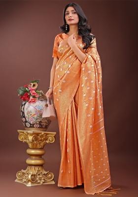Peach Zari Work Cotton Blend Saree Set
