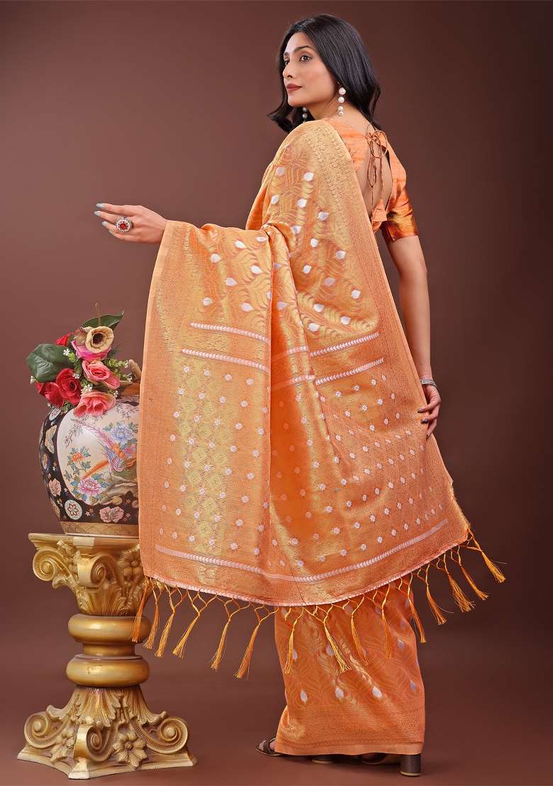 Peach Zari Work Cotton Blend Saree Set - Indya