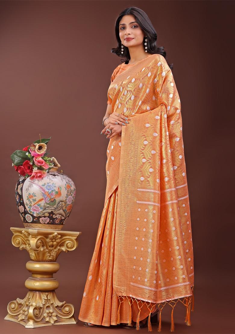 Peach Zari Work Cotton Blend Saree Set