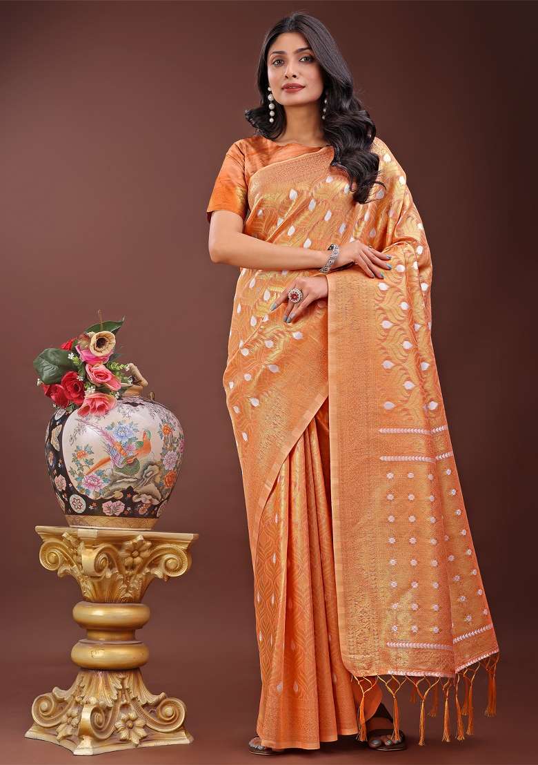 Peach Zari Work Cotton Blend Saree Set - Indya