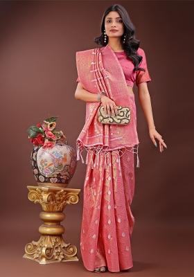 Pink Zari Work Cotton Blend Saree Set
