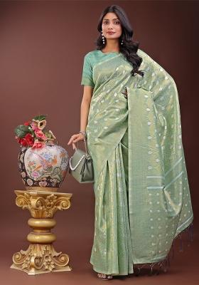 Teal Blue Zari Work Cotton Blend Saree Set